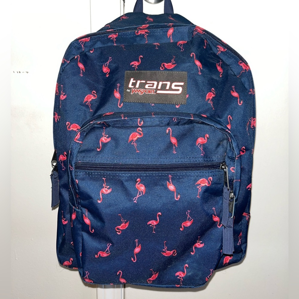EUC Jansport Trans 17" Navy Blue and Pink Flamingo Backpack